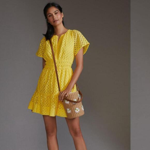 Anthropologie The Somerset Yellow Eyelet Mini Dress Small PETITE - Picture 3 of 10